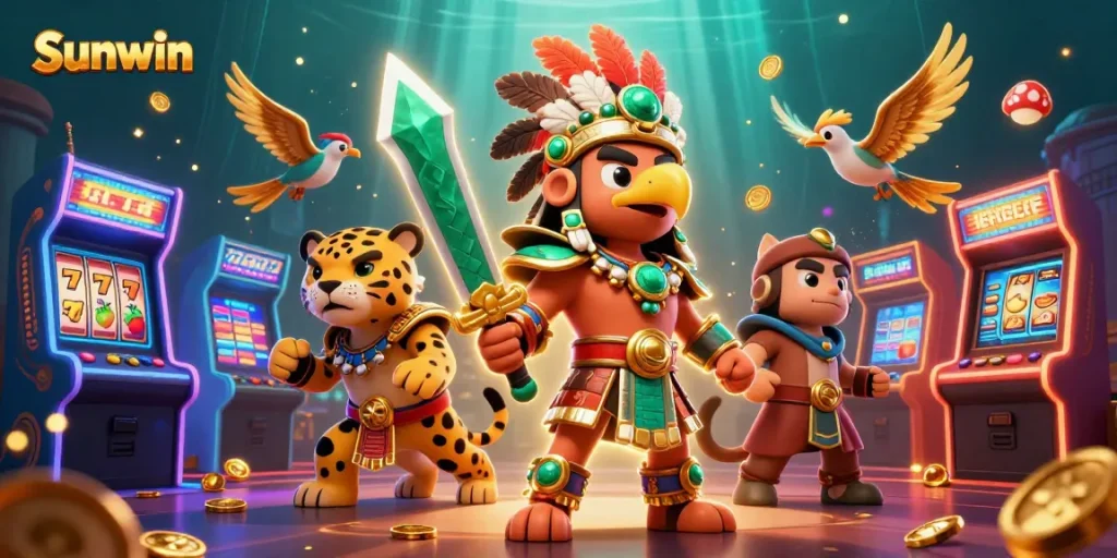 Sunwin players engage in exciting online casino games showcasing vibrant slot machines, a dynamic Aztec warrior, and treasures.