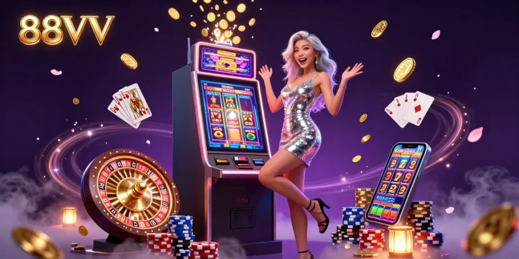 Engage with 88VV's exciting games featuring stunning visuals and jackpot actions in a vivid casino environment.