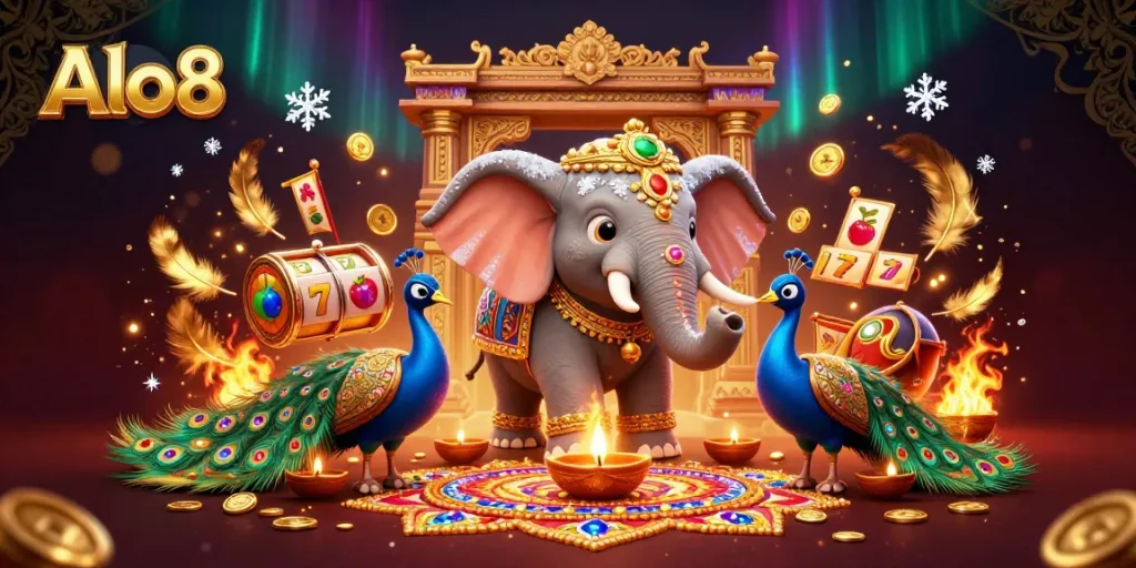 Alo8 illustrates a vibrant casino scene featuring a Diwali-themed elephant and peacock among slot game elements, rich in color and detail.