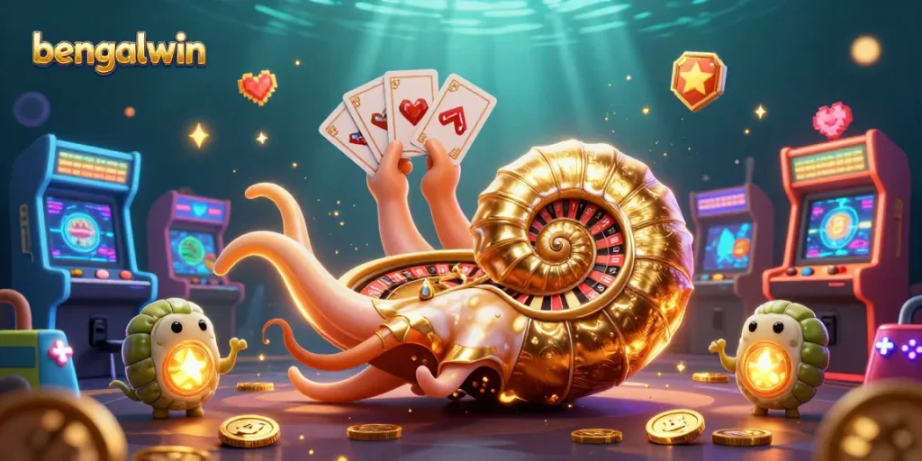 Bengalwin invites players to win in an immersive 3D casino scene filled with vibrant game elements and glowing characters.