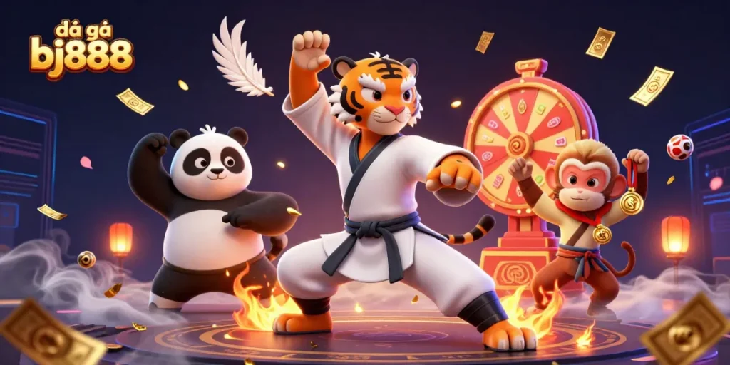 Engage in the excitement of đá gà bj888 with dynamic scenes featuring kung fu characters and gambling elements.