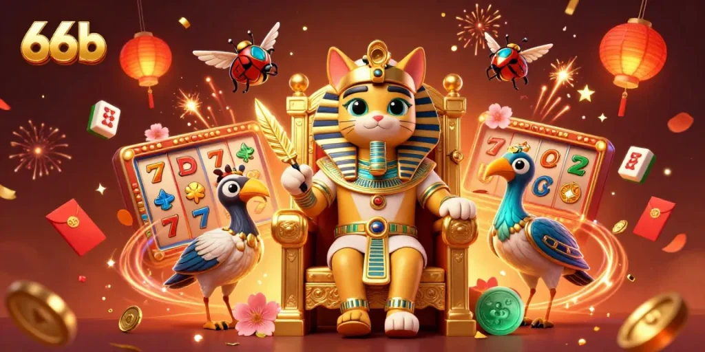 Engage in thrilling slot action with 66b's vibrant games amidst a festive atmosphere.