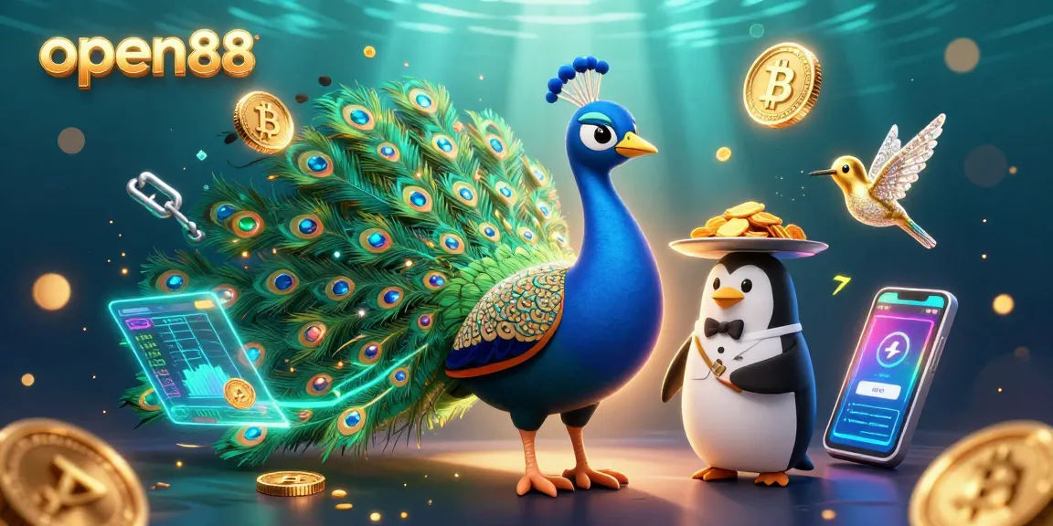 Experience excitement at open88 with unique characters enjoying casino games and cryptocurrency elements