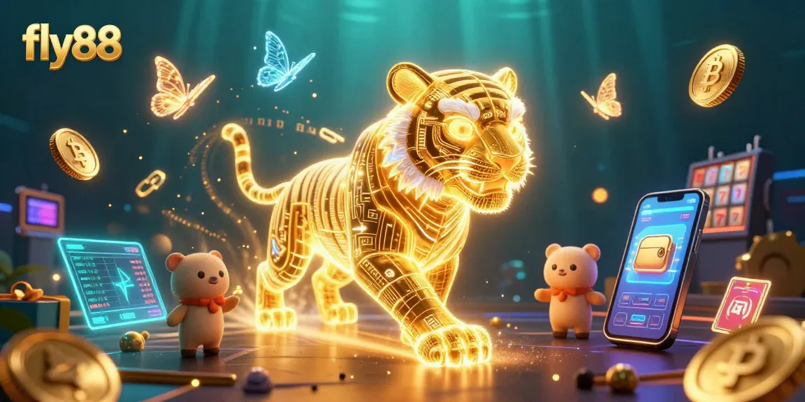 Experience exciting gameplay at fly88 with vibrant 3D illustrations of slots and crypto elements.