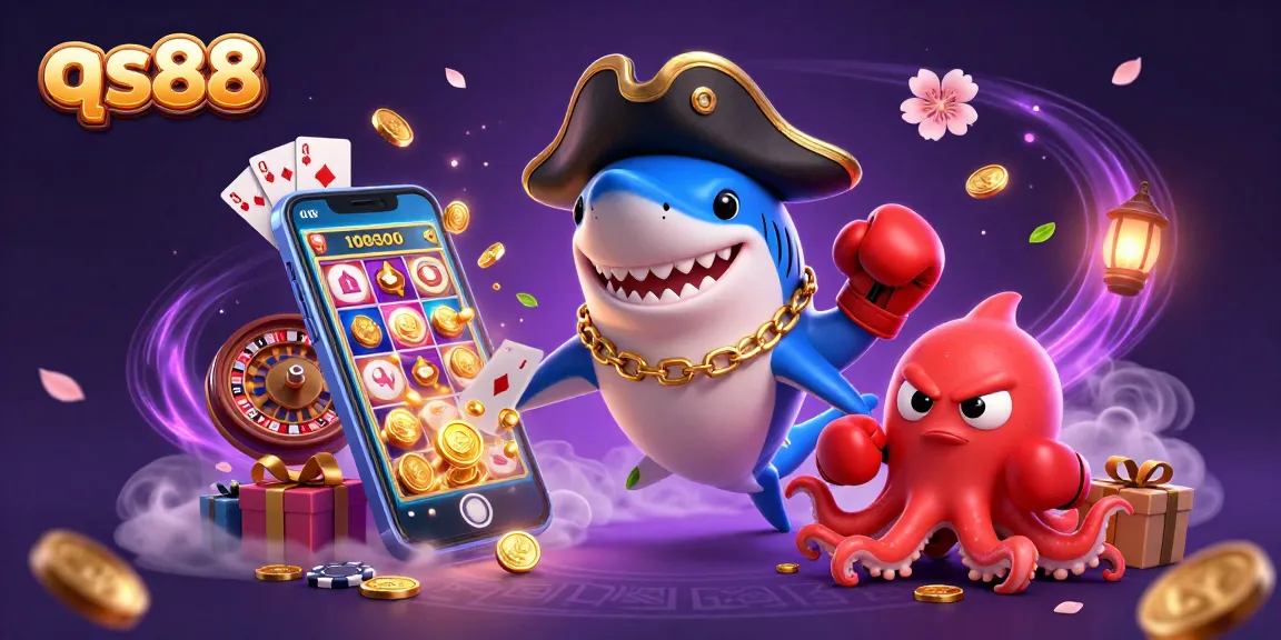 Experience qs88 online gaming with a playful pirate shark and friends amid dynamic casino elements.