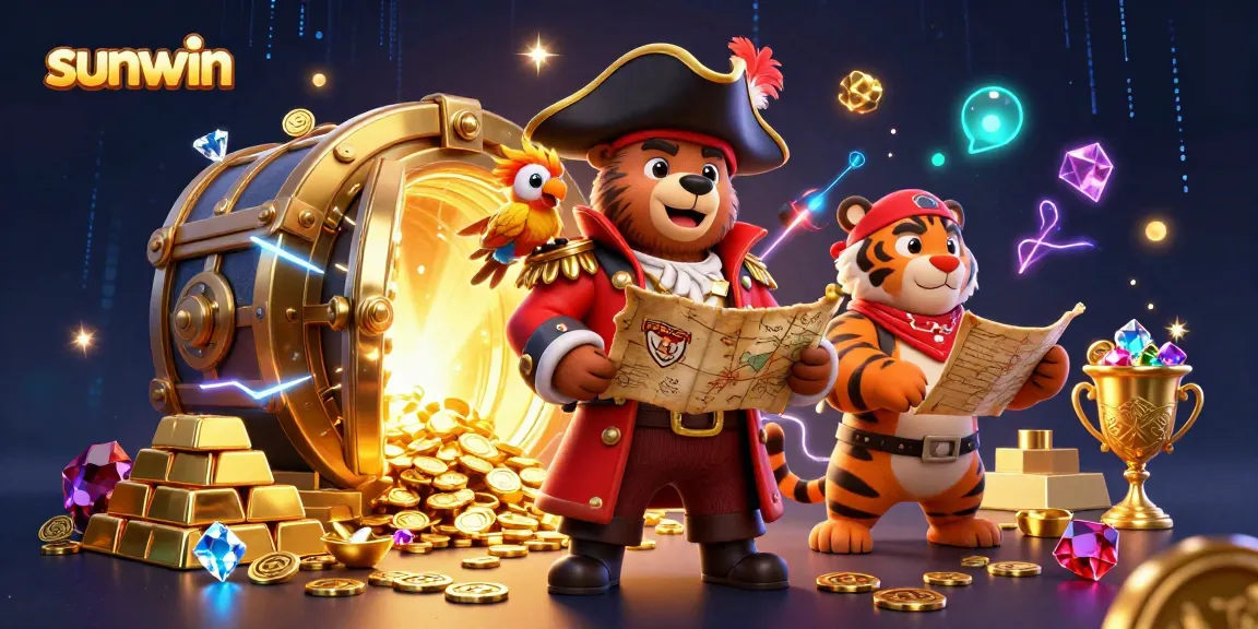Engage with sunwin's 3D pirate-themed casino scene, showcasing treasures and adventurous characters.