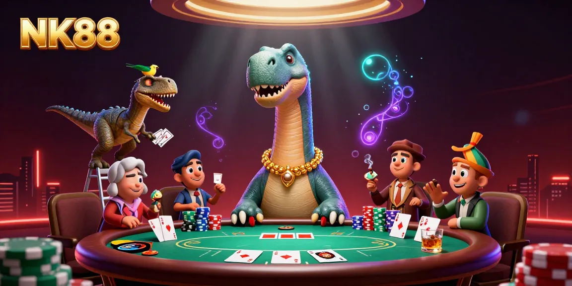 Engage in thrilling gameplay at NK88 with our animated creative featuring a giant brontosaurus above a poker table.